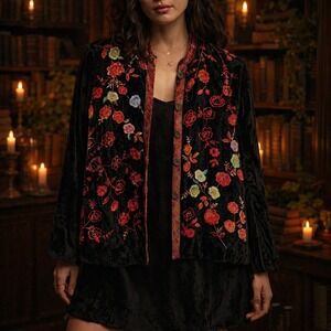 Vintage White Stag Velour Embroidered Floral Jacket 90s Whimsigoth Boho